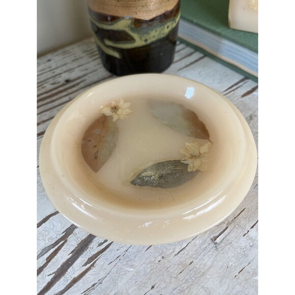 Vintage Cream Acrylic Dried Flowers Tissue Box & Soap Dish Bathroom Set / Retro - Picture 5 of 9